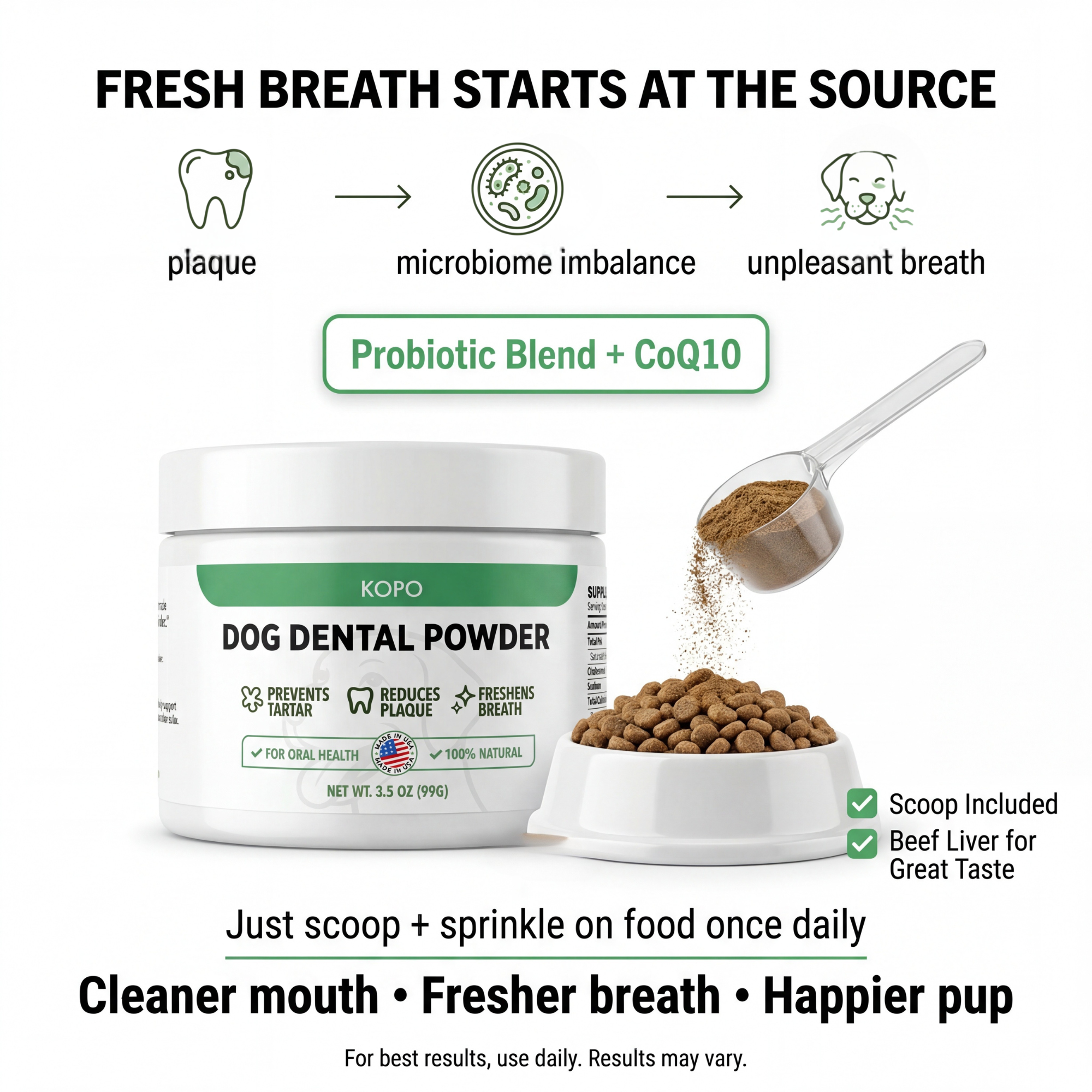 Kopo Dog Dental Powder – Natural Plaque & Breath Support Topper for All Breeds