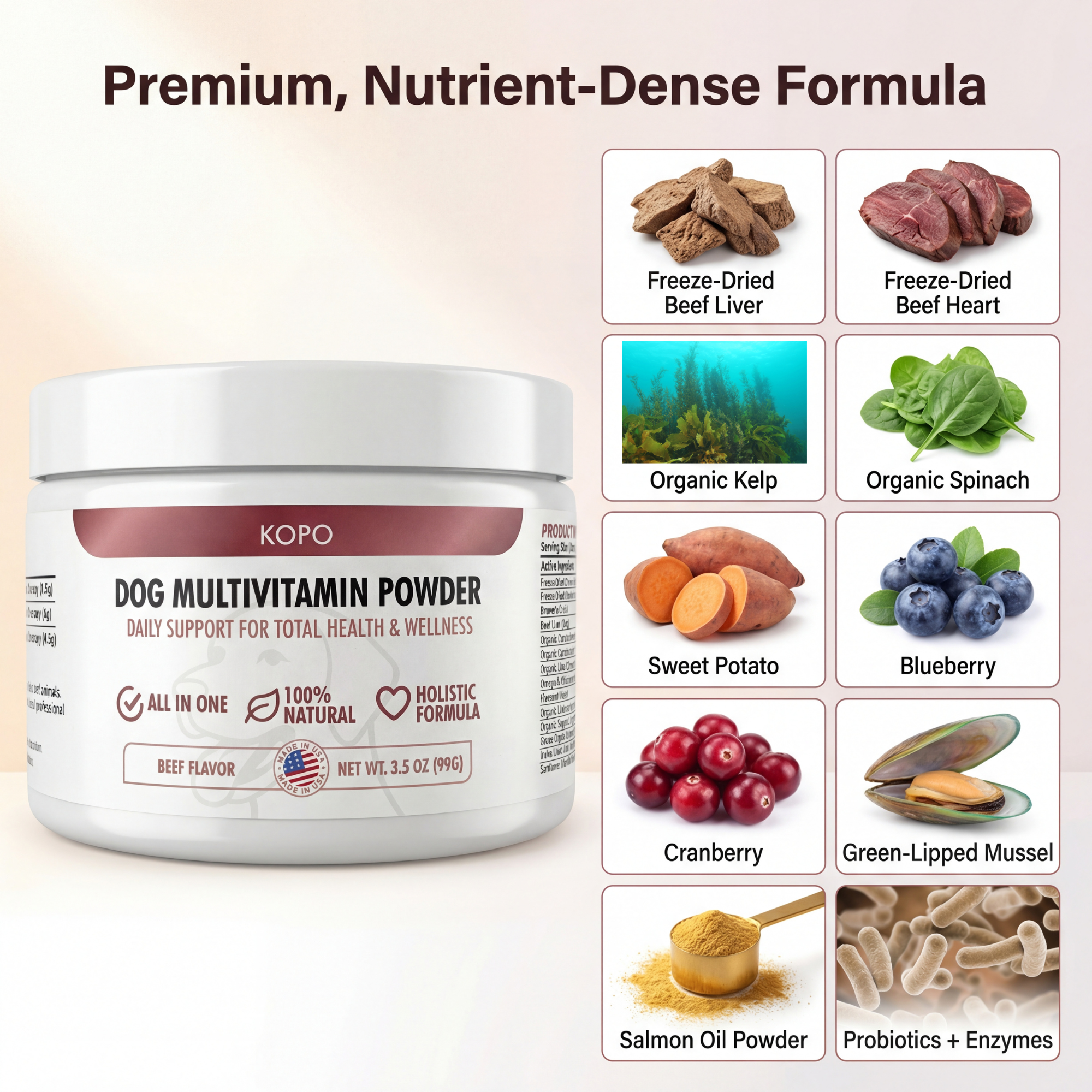 Kopo All-in-One Dog Multivitamin Powder – Natural Daily Vitamin & Mineral Supplement for Dogs